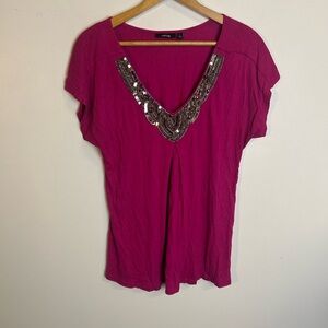 Apt. 9 Women's Fuchsia Beaded Sequin V-Neck Top Size L Y2K Stretch Coquette chic